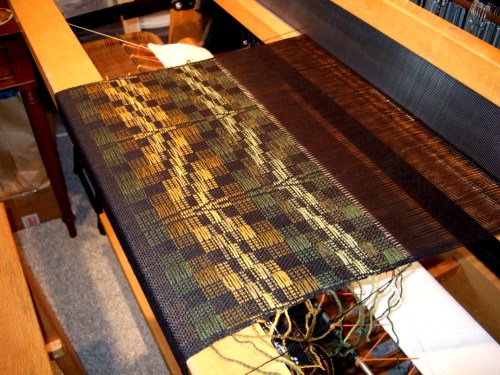 John Madison mat 1, gold and olive, Fibonacci treadling sequence