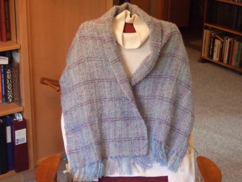 Blue/mauve boucle with mauve wool weft