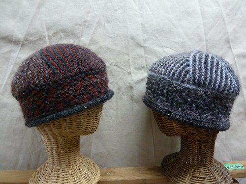 a discontinued Noro silk/wool yarn bought at stash reduction sale, and Rowan Kid Classic in rust and sky blue