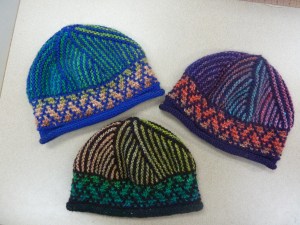 3 hats using the SAME COLOR and dyelot of Noro Silk Garden, but starting at different points in the color progression